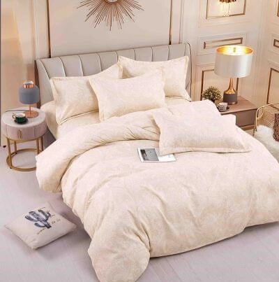 Bumbac Tip Finet Cu Elastic - Lenjerie Pat Dublu din Bumbac Tip Finet, cu Elastic, 6 Piese -Lila - Crem