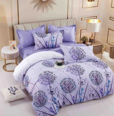 Bumbac Tip Finet Cu Elastic - Lenjerie Pat Dublu din Bumbac Tip Finet, cu Elastic, 6 Piese - Papadii Mov