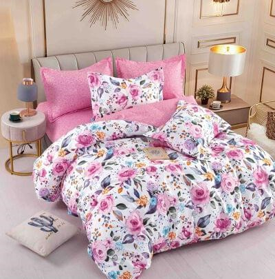 Bumbac Tip Finet Cu Elastic - Lenjerie Pat Dublu din Bumbac Tip Finet, cu Elastic, 6 Piese - Flori Roz