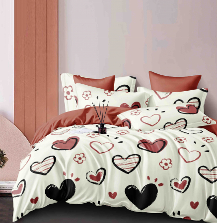 Bumbac Tip Finet Cu Elastic - Lenjerie Pat Dublu din Bumbac Tip Finet, cu Elastic, 6 Piese - Inimioare Bej