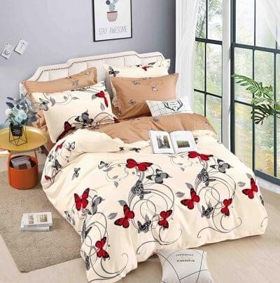 Bumbac Tip Finet Cu Elastic - Lenjerie Pat Dublu din Bumbac Tip Finet, cu Elastic, 6 Piese - Bej cu Fluturi