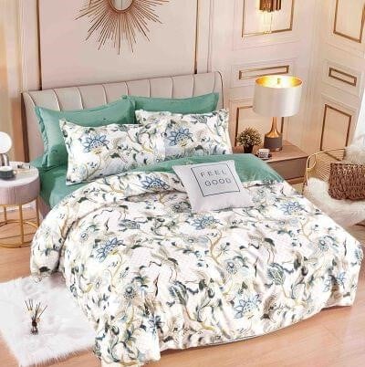 Bumbac Tip Finet Cu Elastic - Lenjerie Pat Dublu din Bumbac Tip Finet, cu Elastic, 6 Piese - Imprimeu Floral Abastract, Muticolor