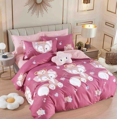 Bumbac Tip Finet Cu Elastic - Lenjerie Pat Dublu din Bumbac Tip Finet, cu Elastic, 6 Piese -Cute Fox