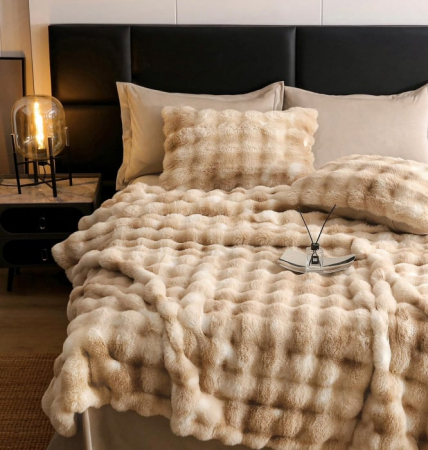 Lenjerie pat dublu, ExtraPufoasa, din Blanita artificiala de Iepure, 6 piese - Bej Multicolor [2]