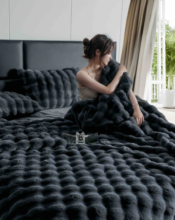 Lenjerie pat dublu, ExtraPufoasa, din Blanita artificiala de Iepure, 6 piese - Gri Inchis [4]