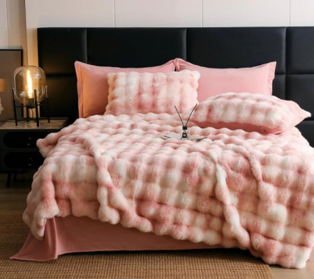 LENJERII DE PAT - Lenjerie pat dublu, ExtraPufoasa, din Blanita artificiala de Iepure, 6 piese - Roz Multicolor