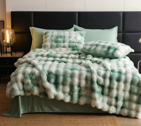 LENJERII DE PAT - Lenjerie pat dublu, ExtraPufoasa, din Blanita artificiala de Iepure, 6 piese - Verde Multicolor