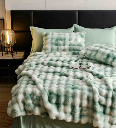 Lenjerie pat dublu, ExtraPufoasa, din Blanita artificiala de Iepure, 6 piese - Verde Multicolor [2]