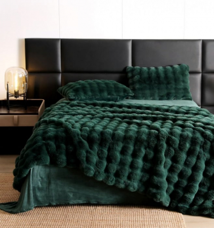 LENJERII DE PAT - Lenjerie pat dublu, ExtraPufoasa, din Blanita artificiala de Iepure, 6 piese - Verde Smarald