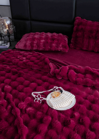 Lenjerie pat dublu, ExtraPufoasa, din Blanita artificiala de Iepure, 6 piese - Visiniu [3]