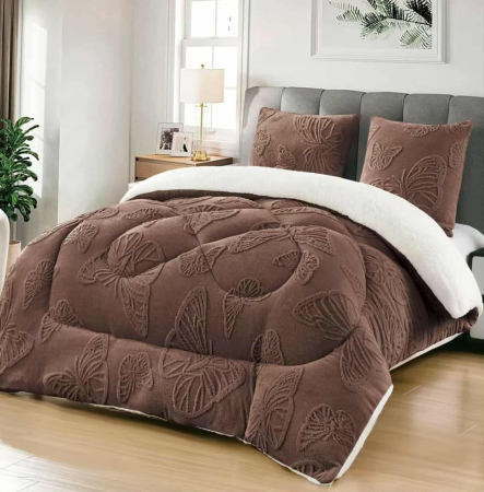 Pilote Cocolino Cu Blanita - Set 3 Piese Pilota Cocolino Tricotata cu Model de Fluturi in Relief, 200x230 cm, UNI, cu 2 Fete de Perna 62x62 cm, Culoare Maro Inchis