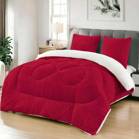 Pilote Cocolino Cu Blanita - Set 3 Piese Pilota Cocolino Tricotata cu Model de Fluturi in Relief, 200x230 cm, UNI, cu 2 Fete de Perna 62x62 cm, Culoare Rosu Inchis