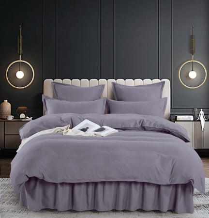 Bumbac Tip Finet Cu Volanase - Set Lenjerie de Pat Bumbac Finet Uni cu Volanase, 6 Piese, Pat 2 Persoane, Gri