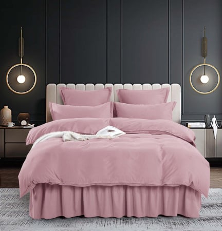 Bumbac Tip Finet Cu Volanase - Set Lenjerie de Pat Bumbac Finet Uni cu Volanase, 6 Piese, Pat 2 Persoane,Roz