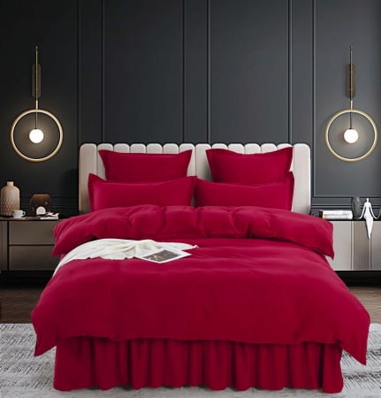Bumbac Tip Finet Cu Volanase - Set Lenjerie de Pat Bumbac Finet Uni cu Volanase, 6 Piese, Pat 2 Persoane, Rosu Inchis