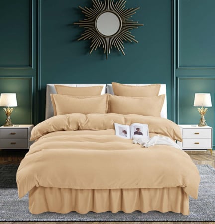Bumbac Tip Finet Cu Volanase - Set Lenjerie de Pat Bumbac Finet Uni cu Volanase, 6 Piese, Pat 2 Persoane, Bej