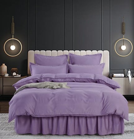 Bumbac Tip Finet Cu Volanase - Set Lenjerie de Pat Bumbac Finet Uni cu Volanase, 6 Piese, Pat 2 Persoane, Mov