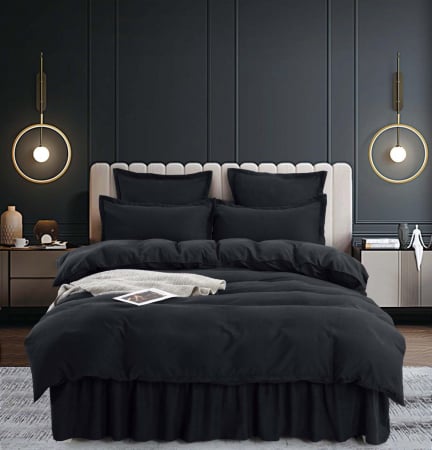 Bumbac Tip Finet Cu Volanase - Set Lenjerie de Pat Bumbac Finet Uni cu Volanase, 6 Piese, Pat 2 Persoane, Negru