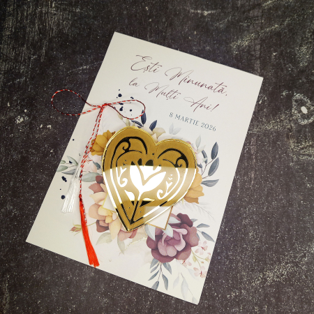 Martisoare - 8 Martie - Felicitare cu decoratiune acrilica oglinda-aur