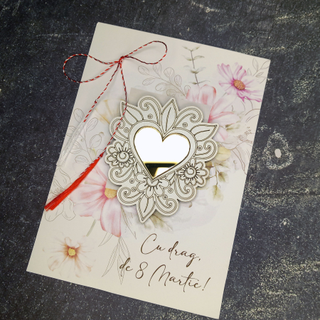 Martisoare - 8 Martie - Felicitare cu decoratiune din lemn si acril oglinda - aur