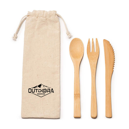 OUTDOORA - Accesorii camping - Set de tacâmuri din bambus în săculeț din bumbac, personalizabil