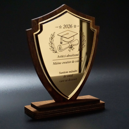 Trofee aniversare - Trofeu Personalizat din Lemn și Plexiglas Auriu | Cadou Premium