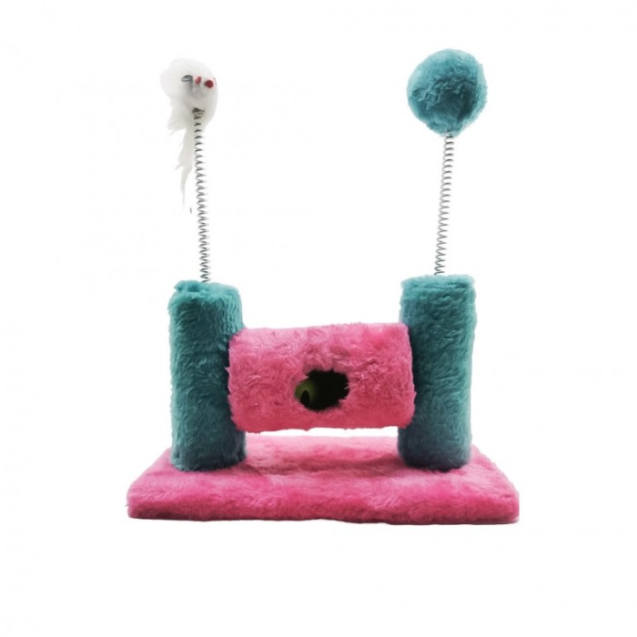 Ansamblu de joaca pentru pisici, tip turn, cu soricel, bila si minge cu clopotel, 30x24 cm, roz/turcoaz, Doty®️ [1]