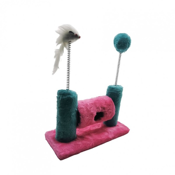 Ansamblu de joaca pentru pisici, tip turn, cu soricel, bila si minge cu clopotel, 30x24 cm, roz/turcoaz, Doty®️ [6]