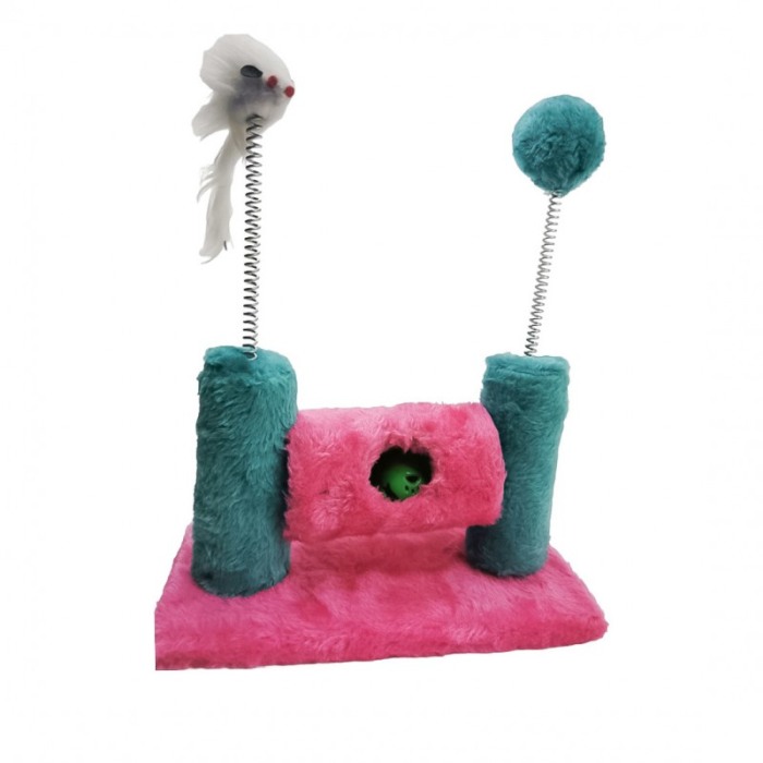 Ansamblu de joaca pentru pisici, tip turn, cu soricel, bila si minge cu clopotel, 30x24 cm, roz/turcoaz, Doty®️ [2]
