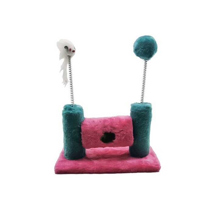 Ansamblu de joaca pentru pisici, tip turn, cu soricel, bila si minge cu clopotel, 30x24 cm, roz/turcoaz, Doty®️ [3]