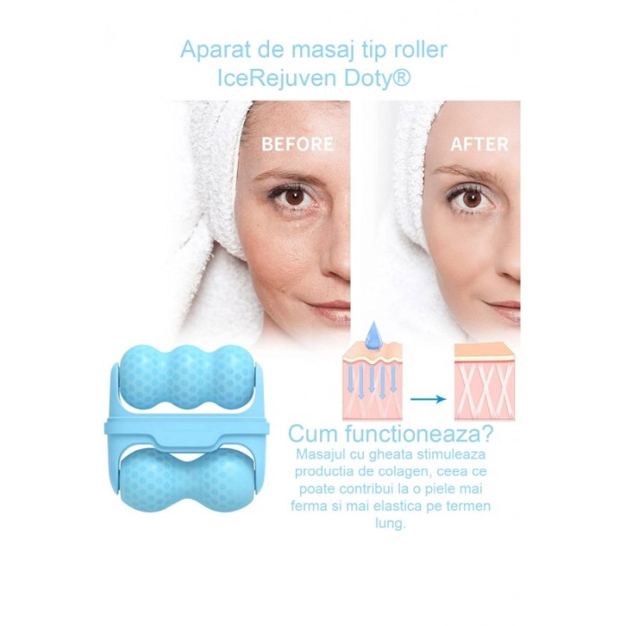 Aparat de masaj IceRejuven Doty®, facial si anticelulitic, cu 2 capete V si W, cu gheata, babyblue [12]