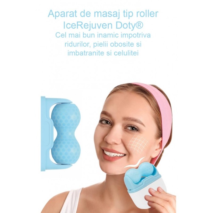Aparat de masaj IceRejuven Doty®, facial si anticelulitic, cu 2 capete V si W, cu gheata, babyblue [10]