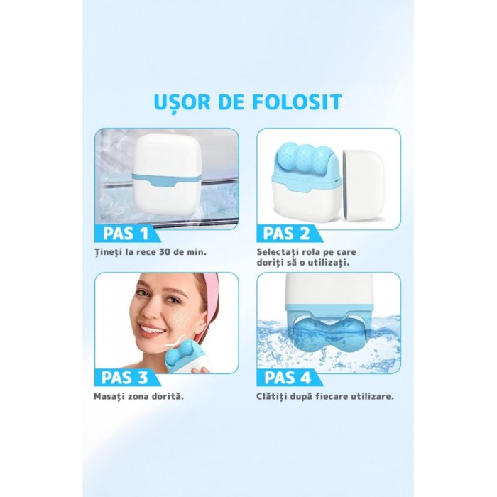 Aparat de masaj IceRejuven Doty®, facial si anticelulitic, cu 2 capete V si W, cu gheata, babyblue [4]