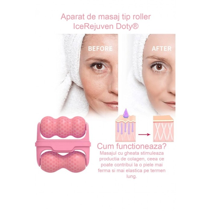 Aparat de masaj IceRejuven Doty®, facial si anticelulitic, cu 2 capete V si W, cu gheata, babypink [12]