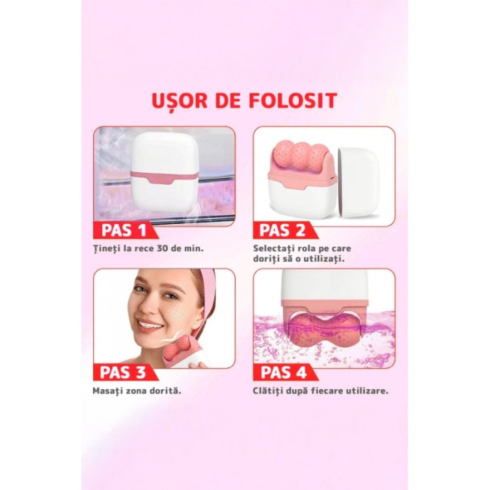 Aparat de masaj IceRejuven Doty®, facial si anticelulitic, cu 2 capete V si W, cu gheata, babypink [3]