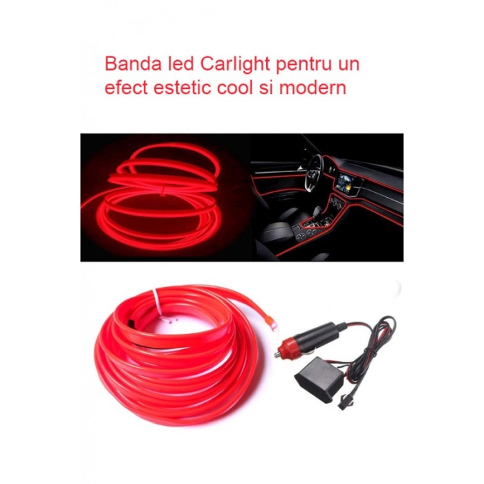 Banda led CarLight pentru masina, electroluminiscenta cu droser si mufa bricheta, 12V, lungime 1 m, rosu, Doty®️ [3]