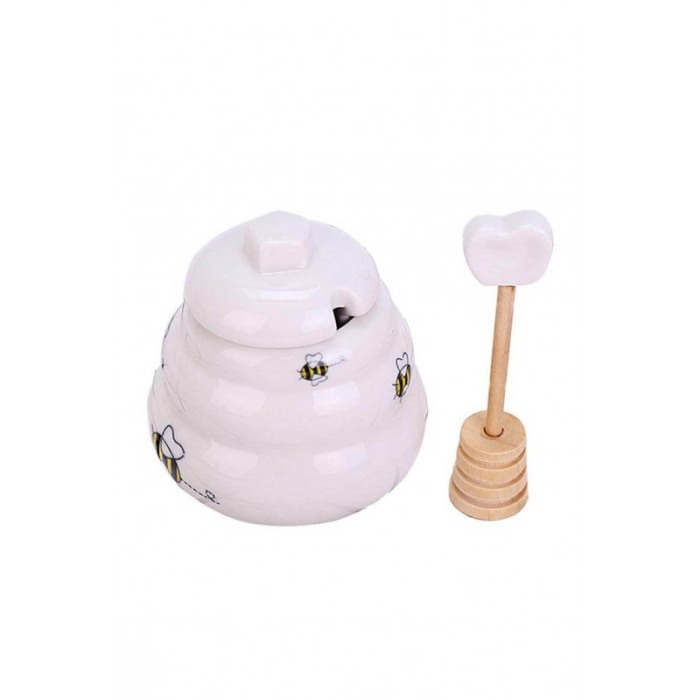 Borcan in miniatura din ceramica pentru miere Sweet Honey, include lingurita de lemn ,150 g, forma stup de albine, alb, doty [1]