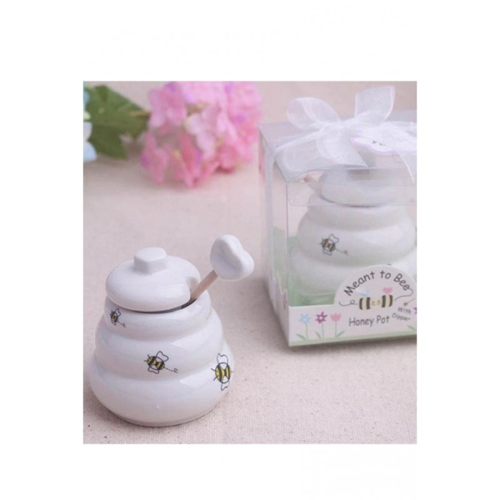 Borcan in miniatura din ceramica pentru miere Sweet Honey, include lingurita de lemn ,150 g, forma stup de albine, alb, doty [3]
