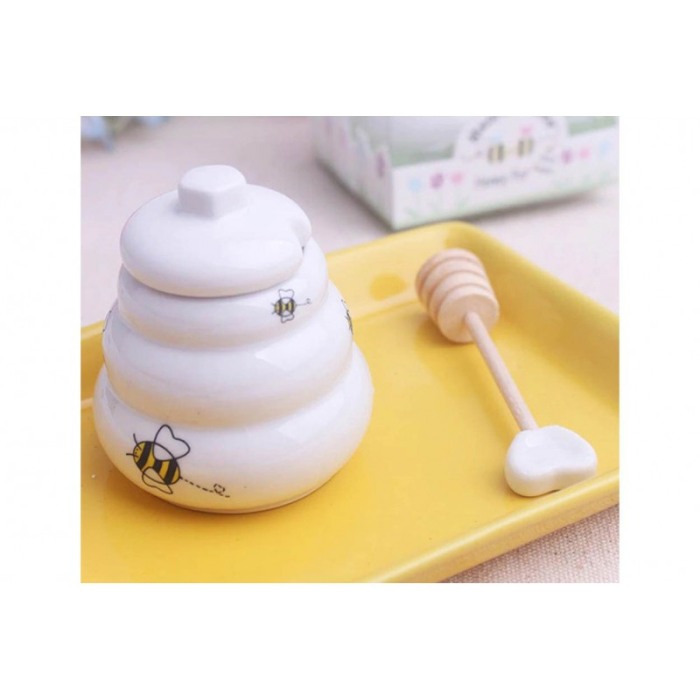 Borcan in miniatura din ceramica pentru miere Sweet Honey, include lingurita de lemn ,150 g, forma stup de albine, alb, doty [5]