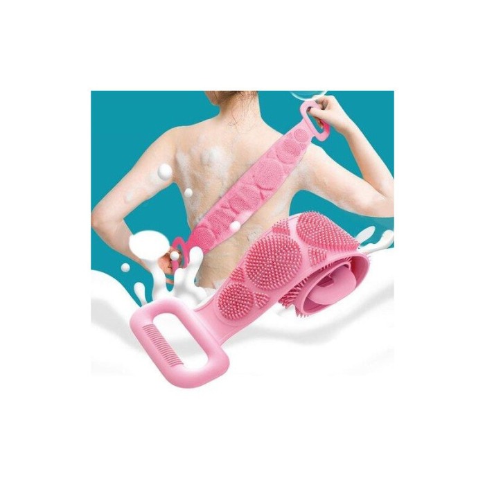Burete de baie 2 in 1 Sponge Brush, tip perie, din silicon, 69 cm, cu 2 fete, usor de utilizat, roz [5]