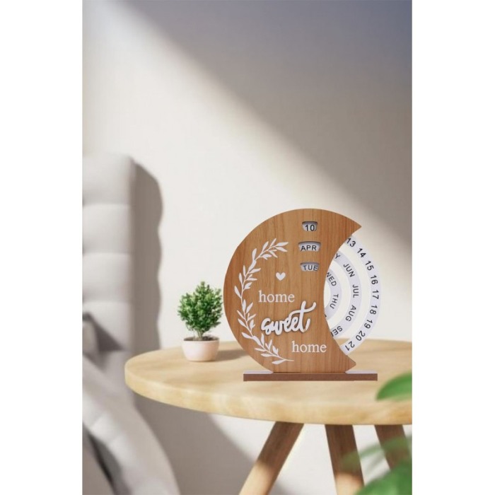 Calendar perpetuu din lemn SweetHome Doty®, rotativ, de birou, ajustare manuala, decorativ, rustic, 18x20 cm, bej [6]