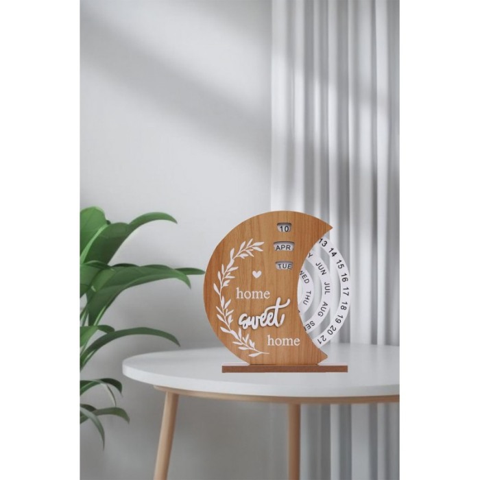 Calendar perpetuu din lemn SweetHome Doty®, rotativ, de birou, ajustare manuala, decorativ, rustic, 18x20 cm, bej [2]