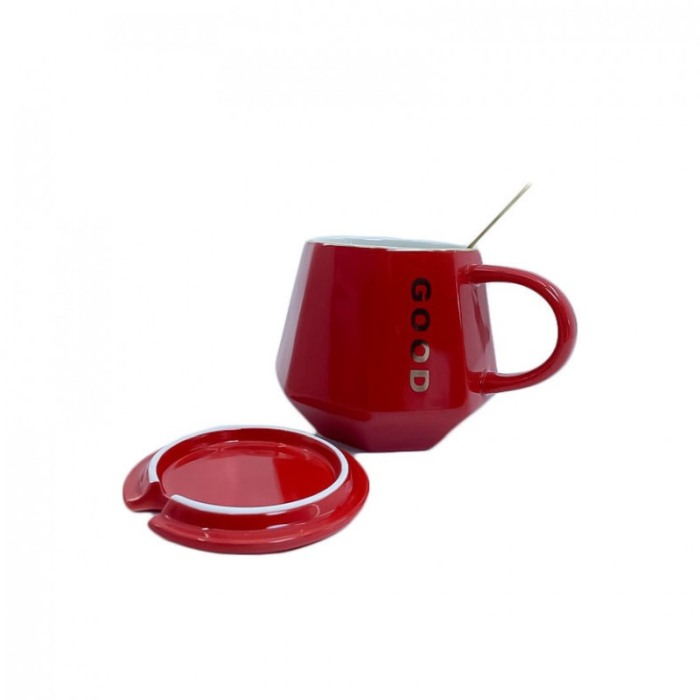 Cana Good One , capac inclus, lingurita inclusa, forma asimetrica, accente aurii,200 ml, rosu [4]