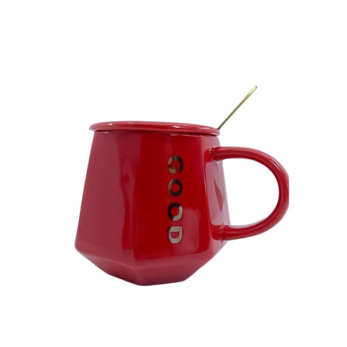 Cana Good One , capac inclus, lingurita inclusa, forma asimetrica, accente aurii,200 ml, rosu [5]