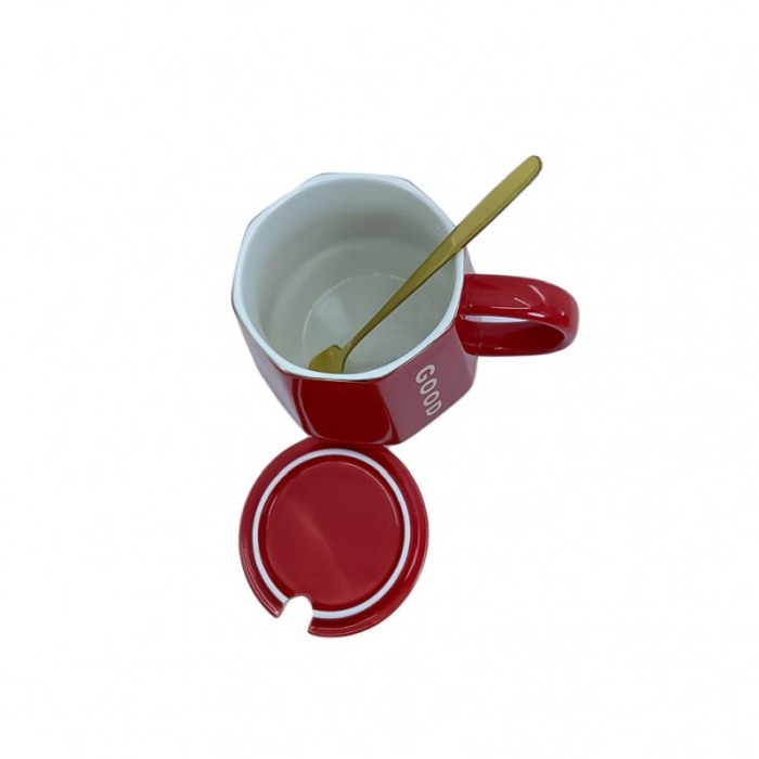 Cana Good One , capac inclus, lingurita inclusa, forma asimetrica, accente aurii,200 ml, rosu [6]