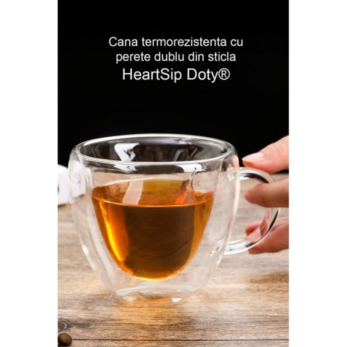 Cana termorezistenta cu perete dublu din sticla HeartSip Doty®, forma de inima, 180 ml, estetica atractiva, transparent, 12x8 cm [7]