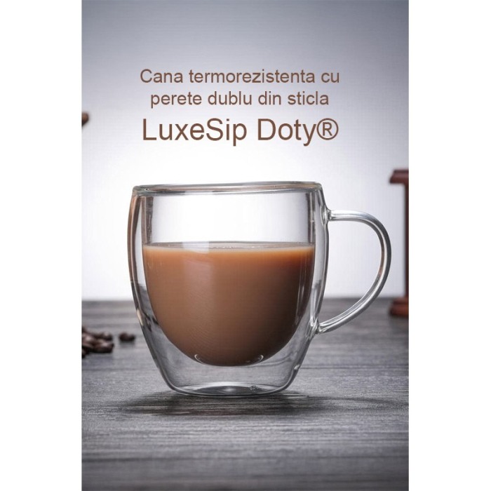 Cana termorezistenta cu perete dublu din sticla LuxeSip Doty®, 200 ml, estetica atractiva, aspect modern si transparent [5]
