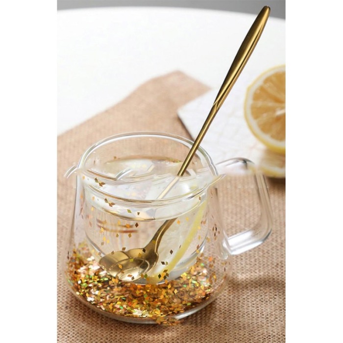 Cana termorezistenta cu perete dublu din sticla StarSip Doty®, stelute aurii, 100 ml, estetica atractiva, aspect transparent [2]