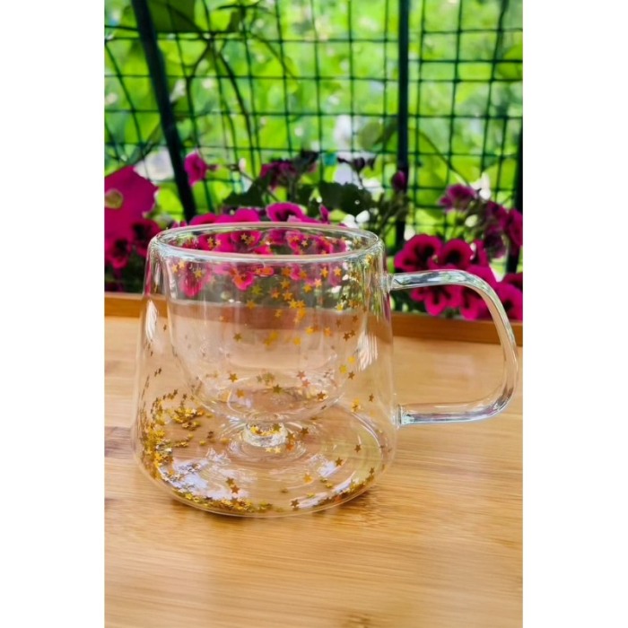 Cana termorezistenta cu perete dublu din sticla StarSip Doty®, stelute aurii, 100 ml, estetica atractiva, aspect transparent [5]