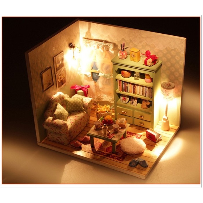 Casa de construit, artizanala din lemn DIY, dimensiune 14.6 cm, cu leduri si accesorii, Doty [9]